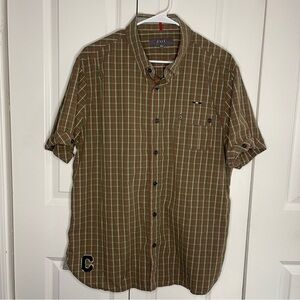 Cavi Olive Red Plaid Short Sleeve Button Up Size XL Varsity Letter Embroidered